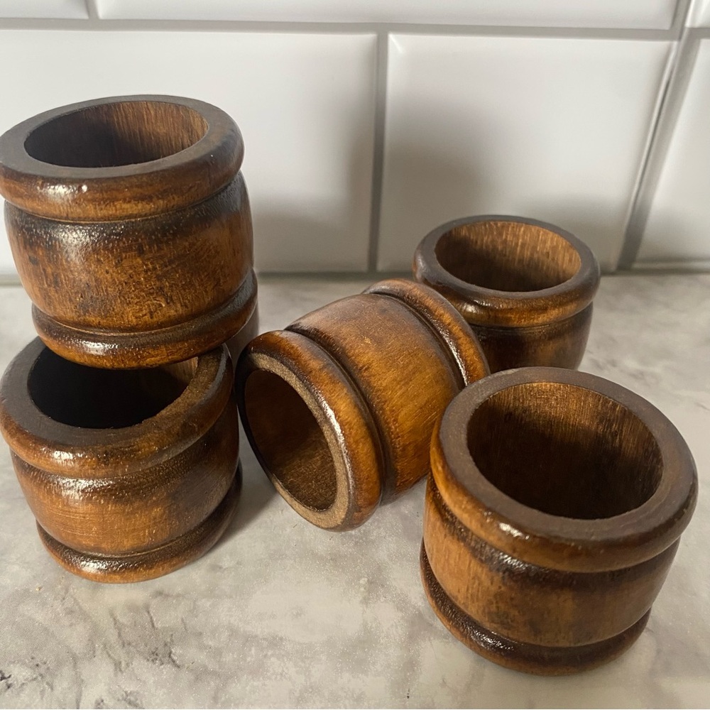 Vintage Wooden Napkin Rings Set Mid Century Rustic